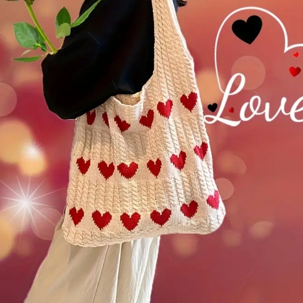 Handmade Red Heart Patterned Cream Tote Bag - Picture 2 of 3